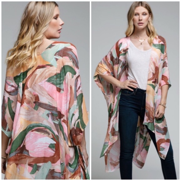 Tops - SOLD OUT Mone Colorful Brush Stroke Motif Kimono Coverup Wrap Open Casual Top